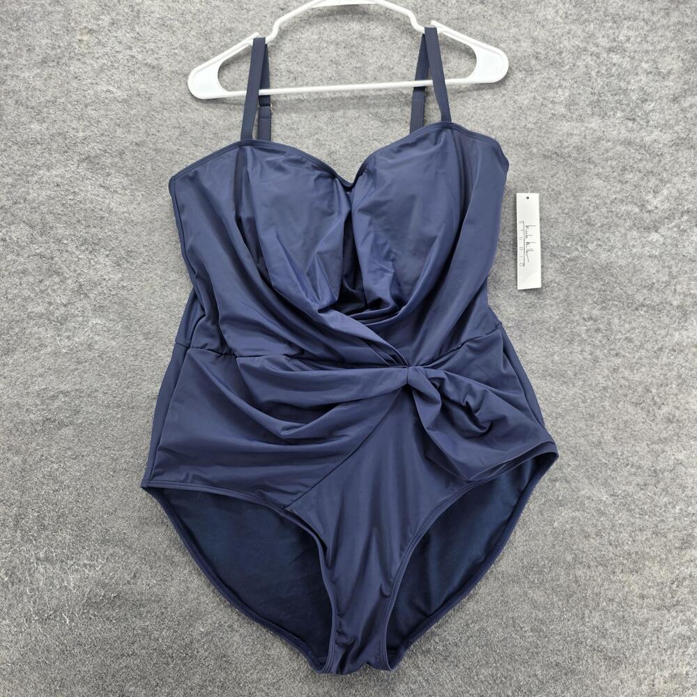 Nicole Miller Studio Swimsuit Womens 3X Navy Blue One Piece Ruched Twist Front